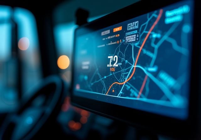 Close-up of a digital logistics dashboard in a truck cab showing GPS and ETA tracking