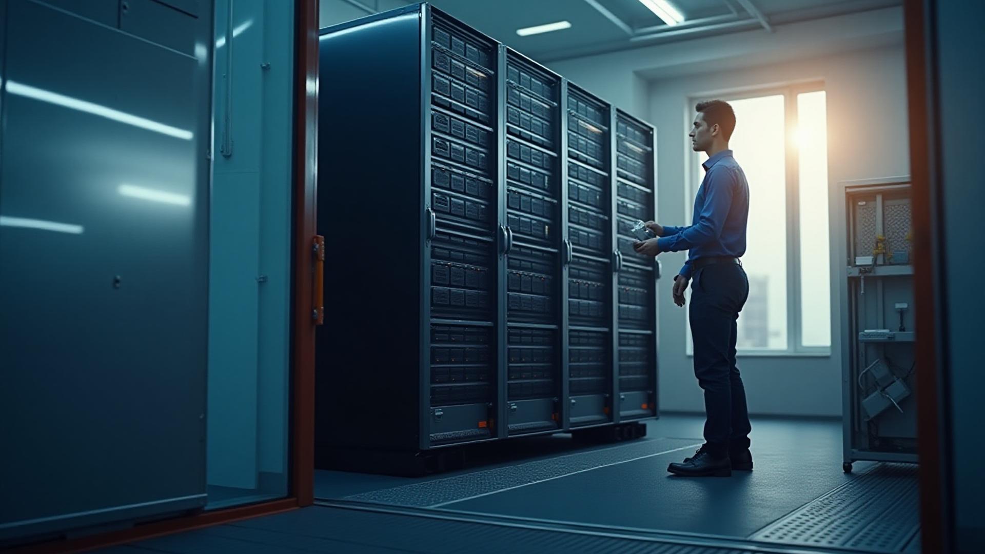Specialized high-value server rack being securely loaded for transport