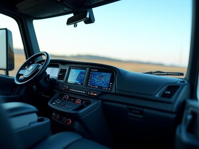 Modern truck cab featuring high-tech GPS and logistics monitors