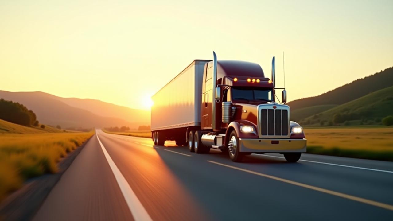 Boscoe Transportation semi-truck on a scenic highway at sunrise